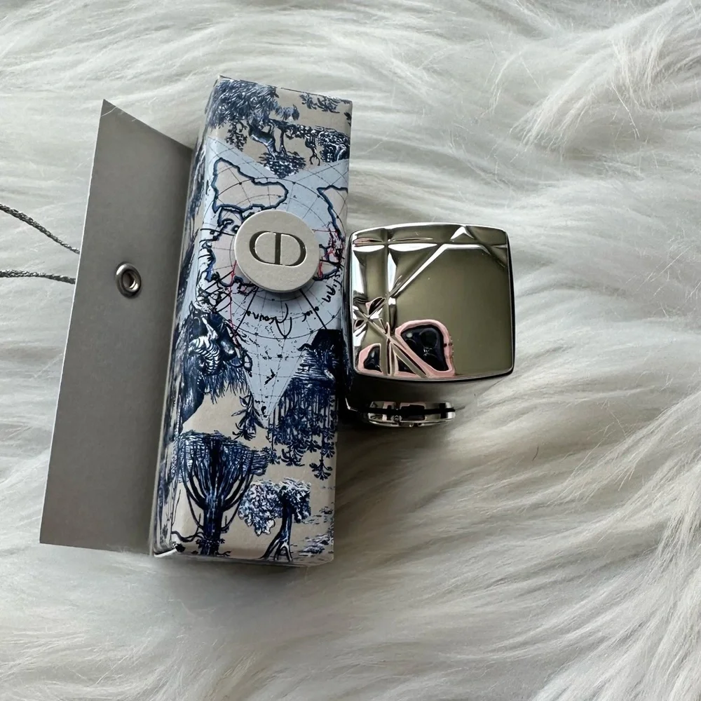 Dior Blue and White Patterned Box with Silver Clasp, red lipstick novelty.